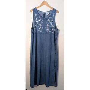 Erika & Co Womens Vtg Denim Embroidered Jumper Dress L Cottagecore Prairie Midi